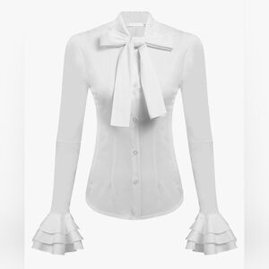 Women Bow Tie Neck Blouses Ruffle Long Sleeve Shirt Button-Down